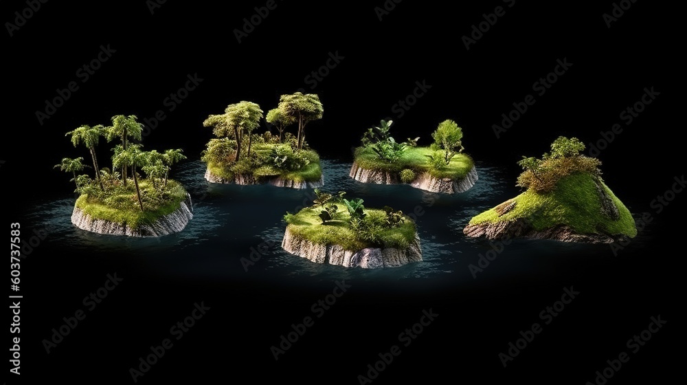 Poster islands, a collection of islets. generative ai