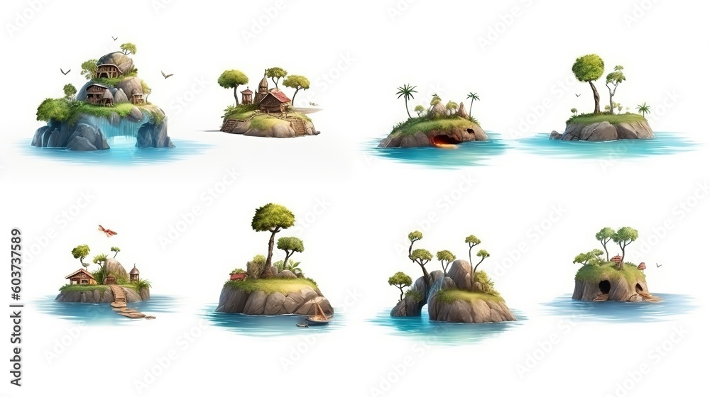Poster islands, a collection of islets. generative ai
