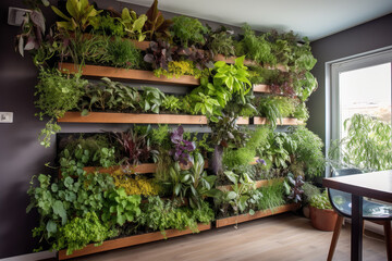 Fototapeta na wymiar Vertical gardens at home room. Living green wall in modern interior design. DIY vertical garden ideas for home garden. AI generative
