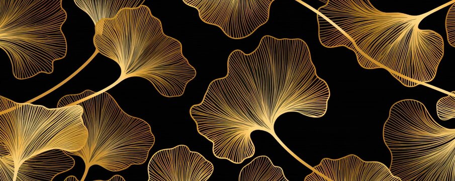Gingko leaves on black background, gingko leaf luxury pattern in gold on black. Illustration. Generative AI.