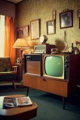A fictional television set that is a blend of retro and futuristic design