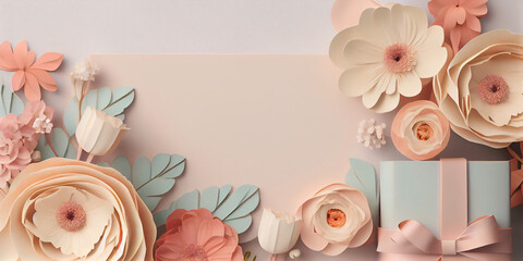 Women day and mother's day background banner in a feminine color, backdrop with spring flowers and gift boxes, Generative AI