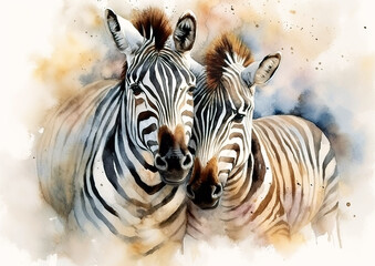 Watercolor abstract illustration of zebras. Zebras close together, colorful paint splatter, isolated on white background. Generative AI.