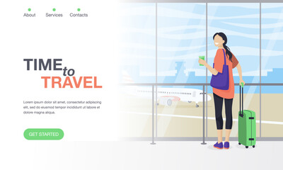 Journey landing page template. Time to travel. A woman stands next to luggage at the airport. The concept of adventure, travel or relocation services. People vector illustration