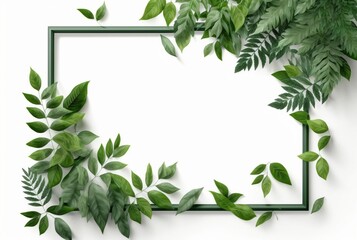 Fototapeta premium Frame of green leaves on a white background. lay flat. Generative AI