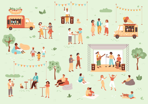 Music festival, food truck, people resting in public park, drinking and communicate. Band plays on stage, female listening to saxophonist, dj waves hand. Summer weekend concept. Vector illustration.