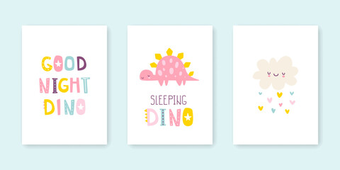 Cute poster set with sleeping dino for baby girls. Scandinavian print collection with dreaming dinosaur cloud and lettering.