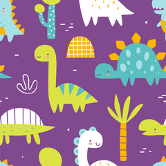 Obraz premium Bright jurassic pattern with cute dino. Seamless vector print with abstract dinosaurs for baby textile and fabric.