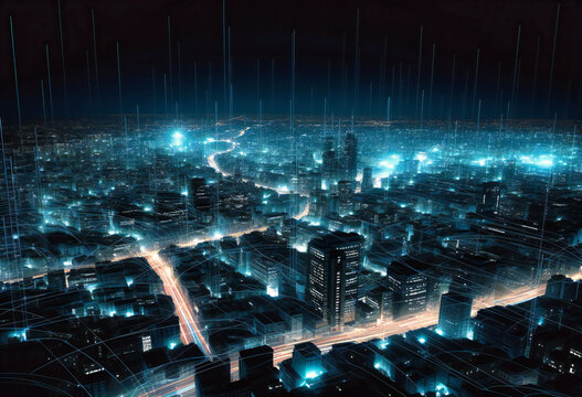 image of cityscape at night with city lights and signals