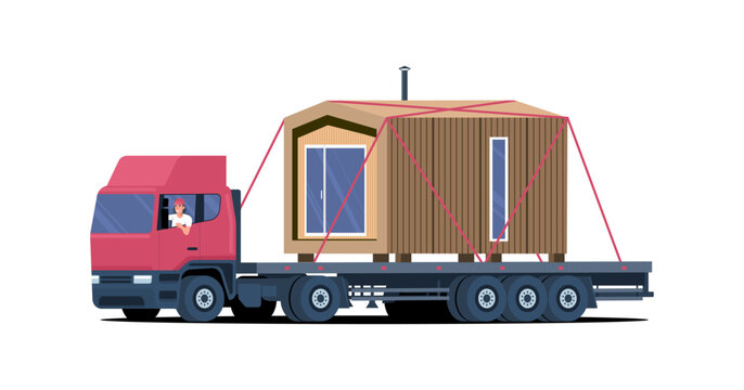 A big truck transports a ready-made modular house. Vector illustration.