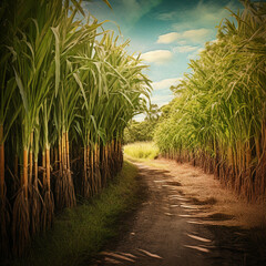 Obraz premium A path through a sugar cane field with the sun shining on it.