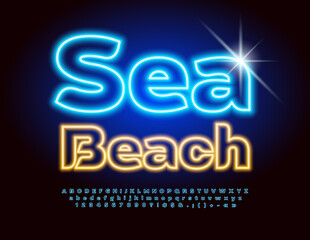 Vector glowing Emblem Sea Beach. Blue Neon Font. Bright Illuminated Alphabet Letters and Numbers set