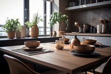 Fototapeta na wymiar Generative AI Photo realistic dining table setting set on the dining room