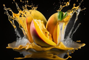 Naklejka na ściany i meble fresh mango with water splash isolated on black background. generative ai