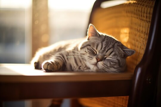 Image of a British shorthair cat sleeping on the chair in the country fairytail kitchen, with sunrayes coming through the window.