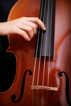 Crop woman playing acoustic cello pulling strings