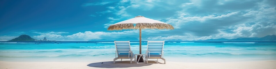 Obraz premium Beautiful tropical beach banner, wide panorama background concept. Generative AI