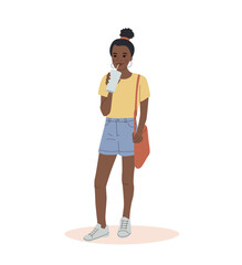Black Girl teenager drinks soda from a straw isolated. Vector flat style cartoon illustration