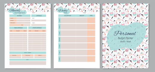 Personal weekly, monthly budget planner. Design with girly things. Women's planner design. Minimalist journal design printable.
