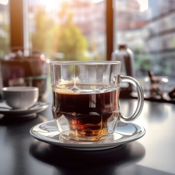 Freshly brewed coffee in a glass mug on a wooden table. AI