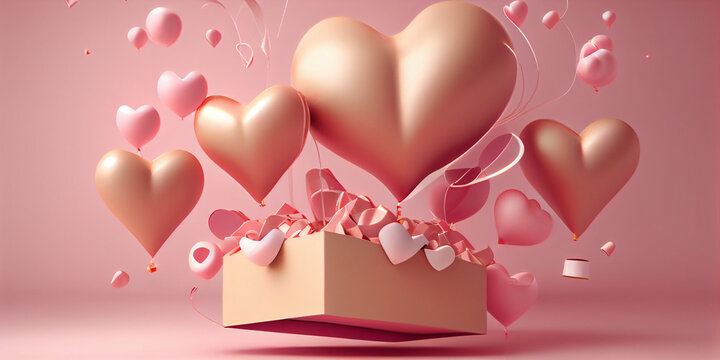3d heart shape balloons for mothers day and Women day, background image for valentines, Generative AI