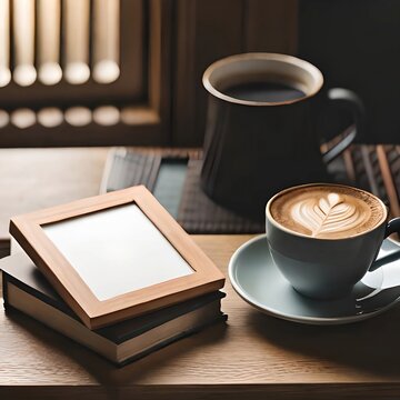 An inviting cup of freshly brewed coffee rests alongside a stack of carefully chosen books on a cozy desk or table. Generated AI