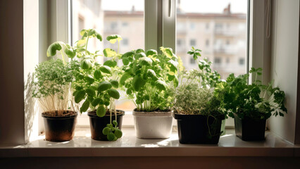 Grow your own trend, people growing veggies and herbs indoors on a sunny windowsill. Growing edibles, grow herbs and veggies on a budget. AI generative - obrazy, fototapety, plakaty