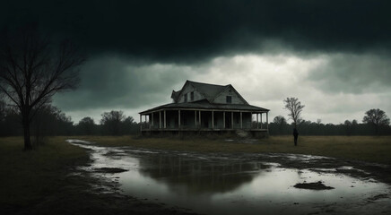 Fototapeta na wymiar A man stands in front of a house on a rainy day. Gray weather, panoramic view
