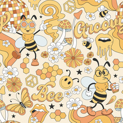 Retro hippie rubber hose cartoon disco bee character vector seamless pattern. Summer honey lover background. Bee aesthetic surface design