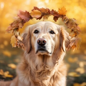 Golden Retriever dog adorned with a sunny yellow wreath. AI