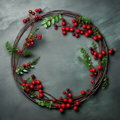 A circular arrangement of green twigs and red berries. AI
