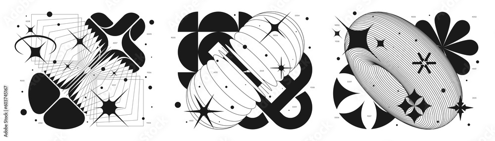 Poster set futuristic retro png minimalistic illustration with 3d strange wireframes form graphic of geomet