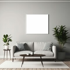 spacious modern living room with empty framed template of artwork, poster, blank mockup, generative ai