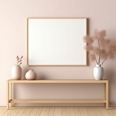 soft pink bright room with wood console and empty framed template of artwork, poster blank mockup, generative ai