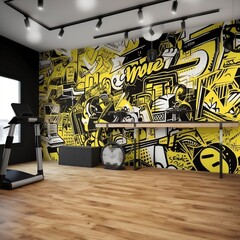 Black and yellow graffiti-style wallpaper for the gym. AI