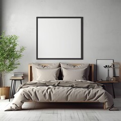 hygge inspired bedroom with minimalist design includi, empty framed template of artwork, blank mockup, generative ai