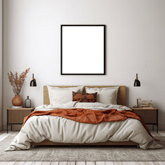 hygge inspired bedroom with minimalist design includi, empty framed template of artwork, blank mockup, generative ai