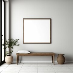 modern minimalist entryway with vintage bench, empty framed template of artwork, blank mockup, generative ai