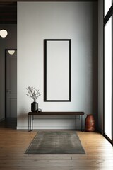 minimalist entryway with console table and modern decor, tall empty framed template of artwork, blank mockup, generative ai