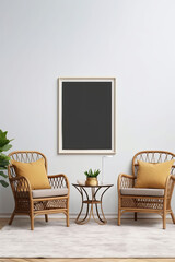 modern minimalist sunroom with vintage wicker furniture, empty framed template of artwork, blank mockup, generative ai