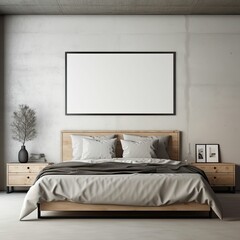 modern vintage inspired bedroom with minimalist design, empty framed template of artwork, blank mockup, generative ai