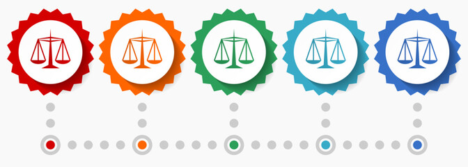 Justice vector icon set, colorful infographic template, set of flat design badge icons in 5 color options