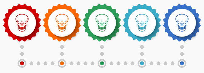 Skull vector icon set, colorful infographic template, set of flat design badge icons in 5 color options