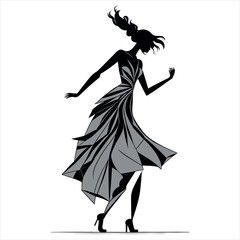 Dancing woman in a dress. Abstract vector illustration. Minimalistic style. Mosaic style. White background.