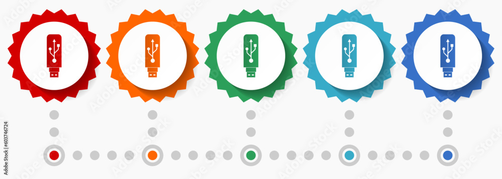 Poster usb vector icon set, colorful infographic template, set of flat design badge icons in 5 color option