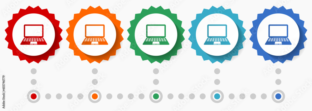 Poster computer vector icon set, colorful infographic template, set of flat design badge icons in 5 color o