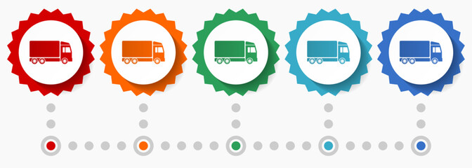 Truck, delivery vector icon set, colorful infographic template, set of flat design badge icons in 5 color options