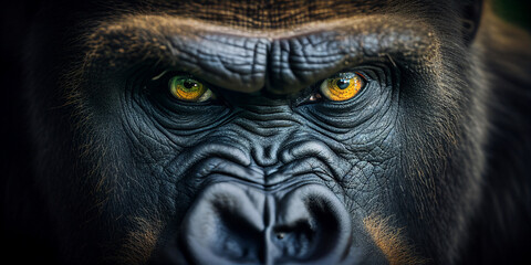 Close up detail portrait of gorilla, Beautiful face portrait of gorilla created with Generative AI - obrazy, fototapety, plakaty