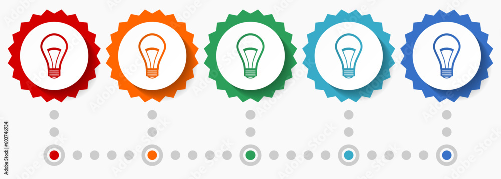 Poster bulb vector icon set, colorful infographic template, set of flat design badge icons in 5 color optio