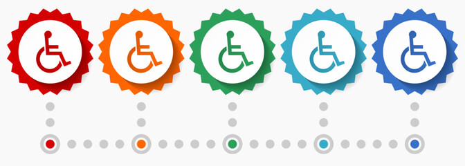 Wheelchair, disabled vector icon set, colorful infographic template, set of flat design badge icons in 5 color options
